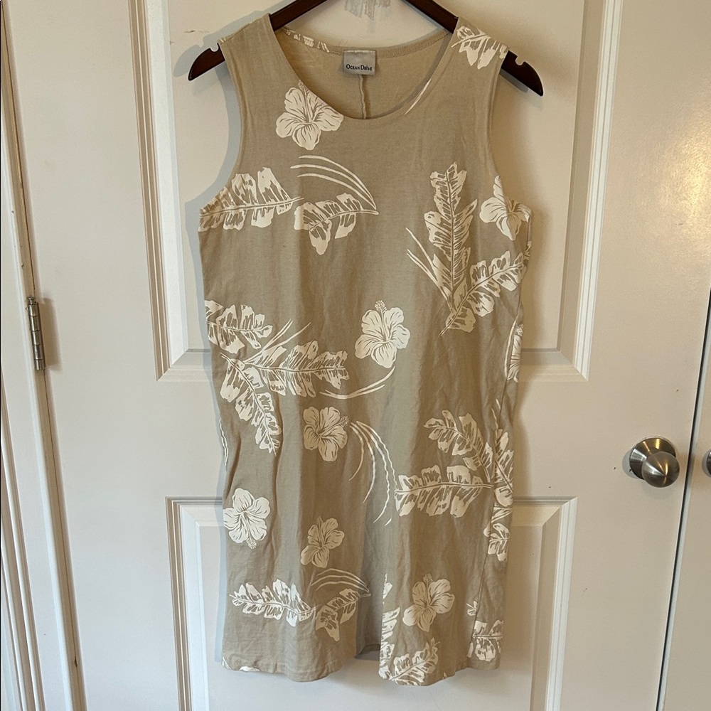 Ocean Drive Tan Dress with White Floral Pattern